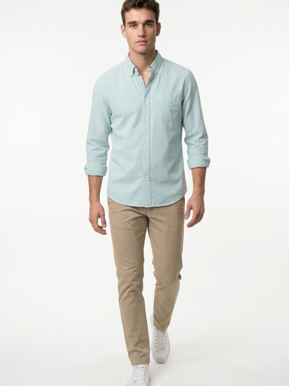 J Crew Seersucker Long-Sleeve Button Up Shirt Classic Men's Medium Casual Slim